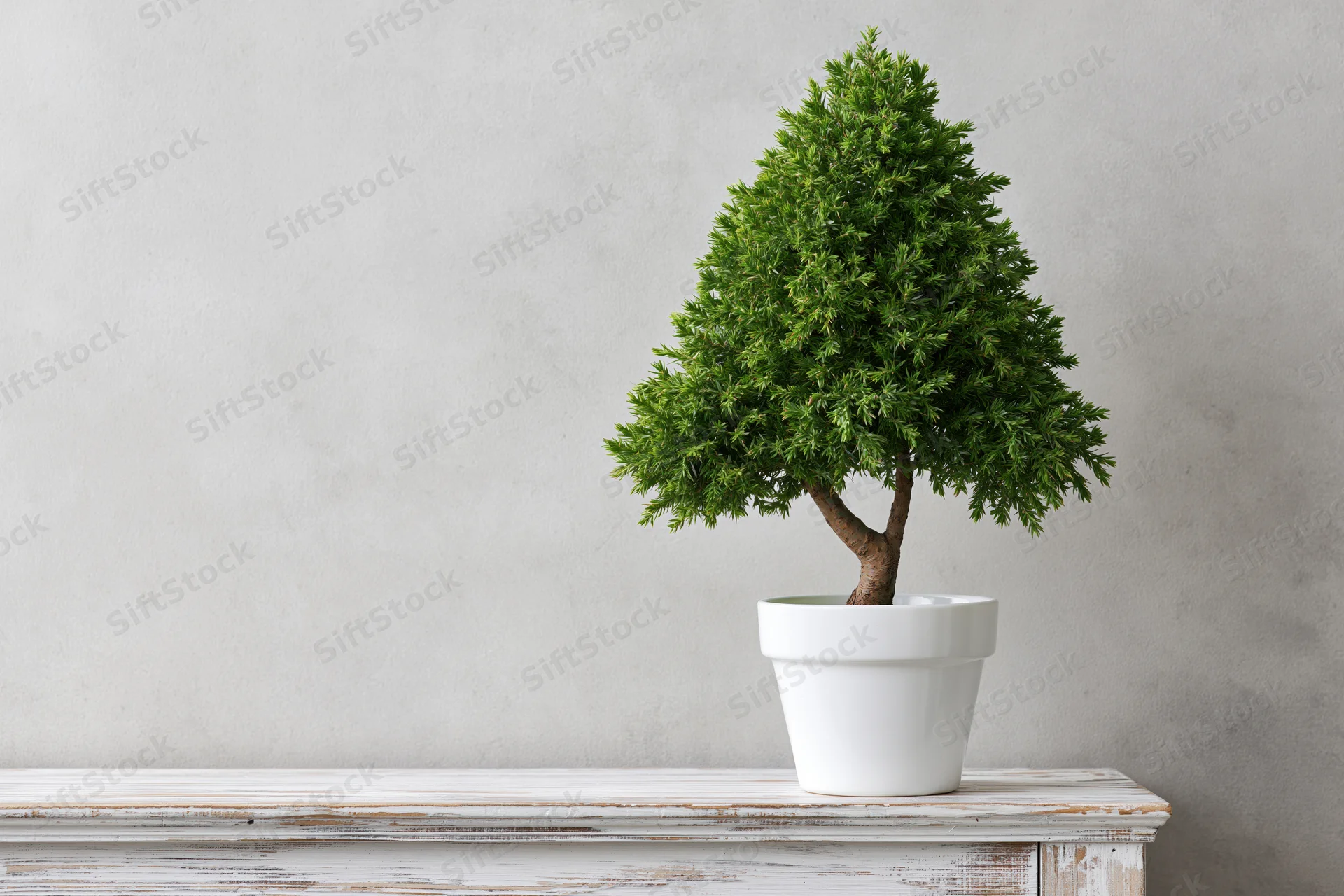 Bonsai tree shaped into a conical form sitting on a white wooden shelf against a plain wall