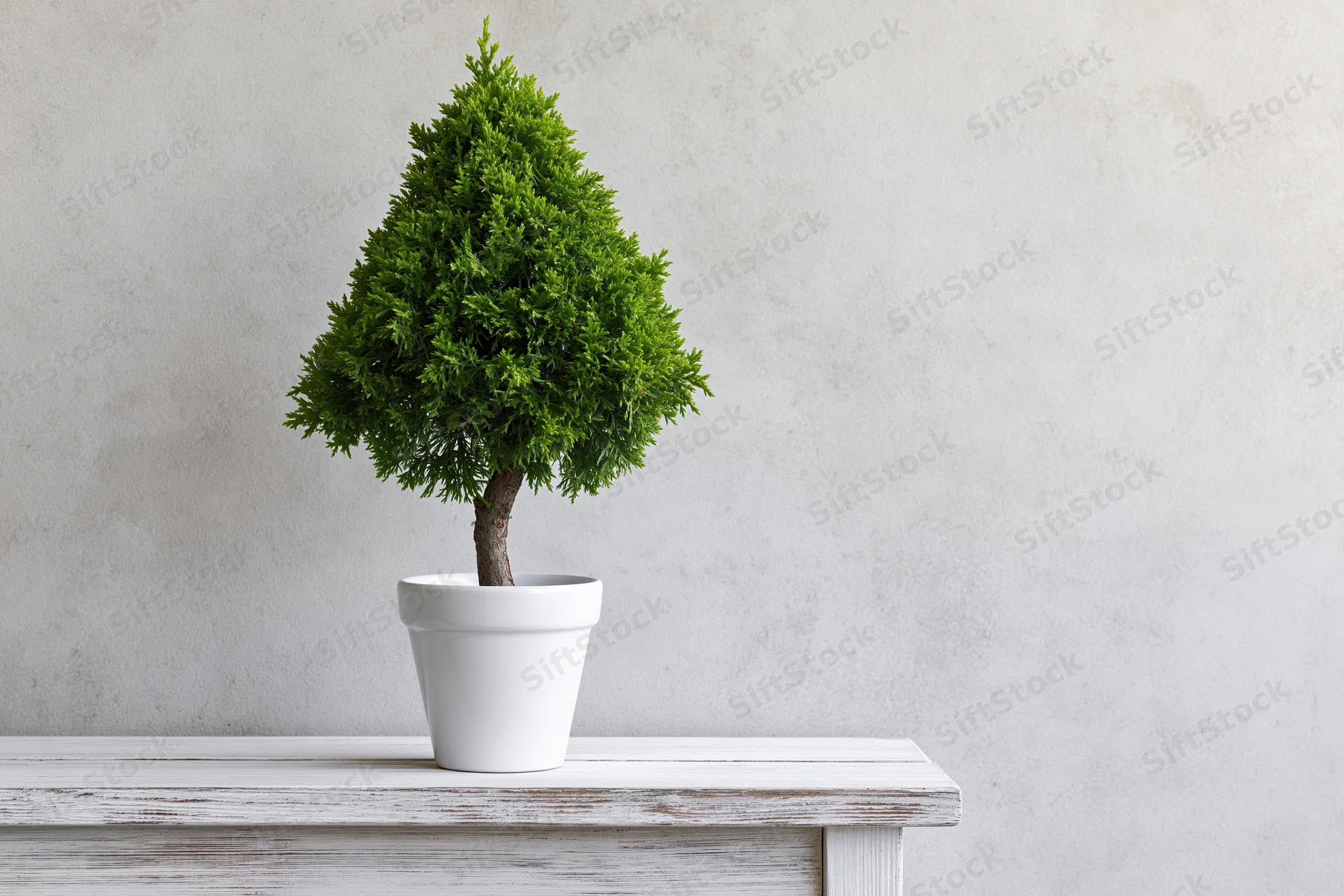 Bonsai tree shaped into a conical topiary in a white ceramic pot on a wooden shelf against a gray wall
