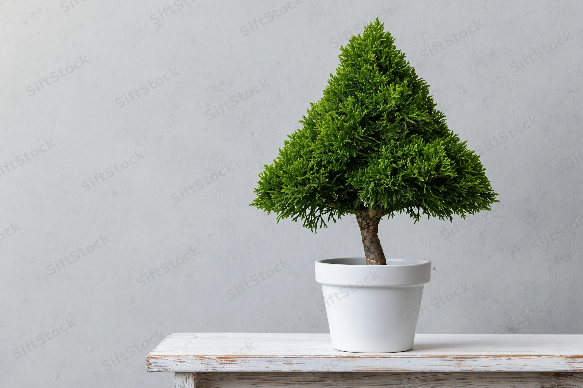 Bonsai tree shaped into a triangular topiary in a white pot on a wooden table