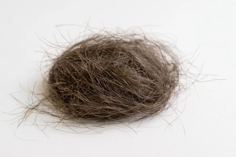 Tangled clump of shed dark brown human hair on white surface
