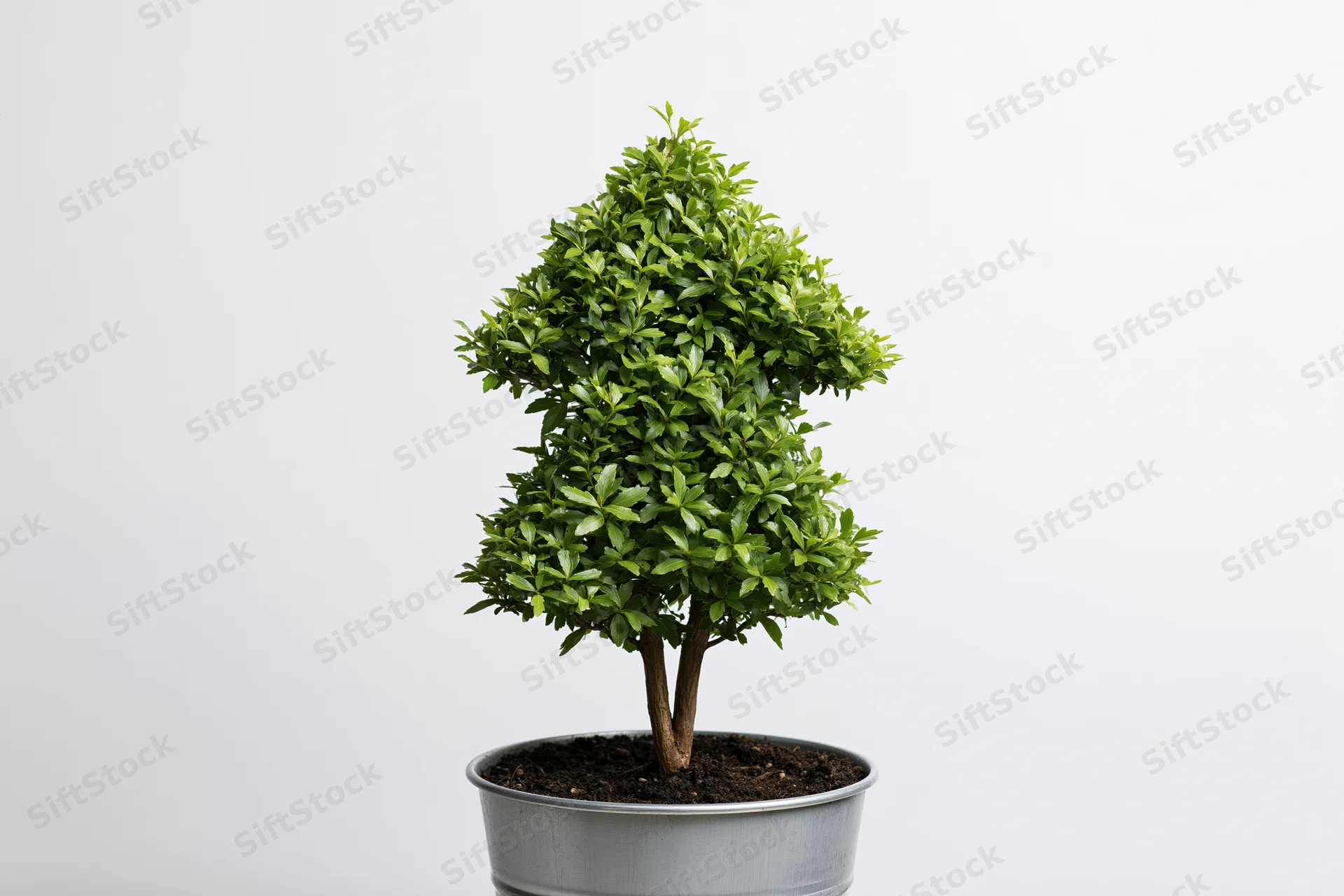 Small topiary shrub trimmed into upward-pointing arrow shape in metal pot against white background