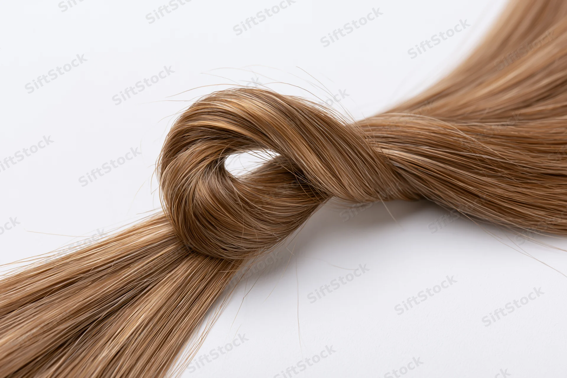 Smooth light brown hair strand twisted into a loose loop on white background