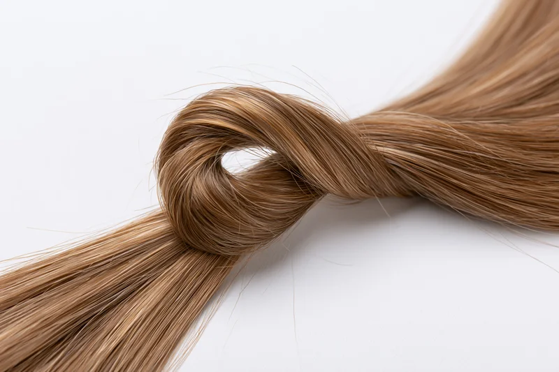 Smooth light brown hair strand twisted into a loose loop on white background