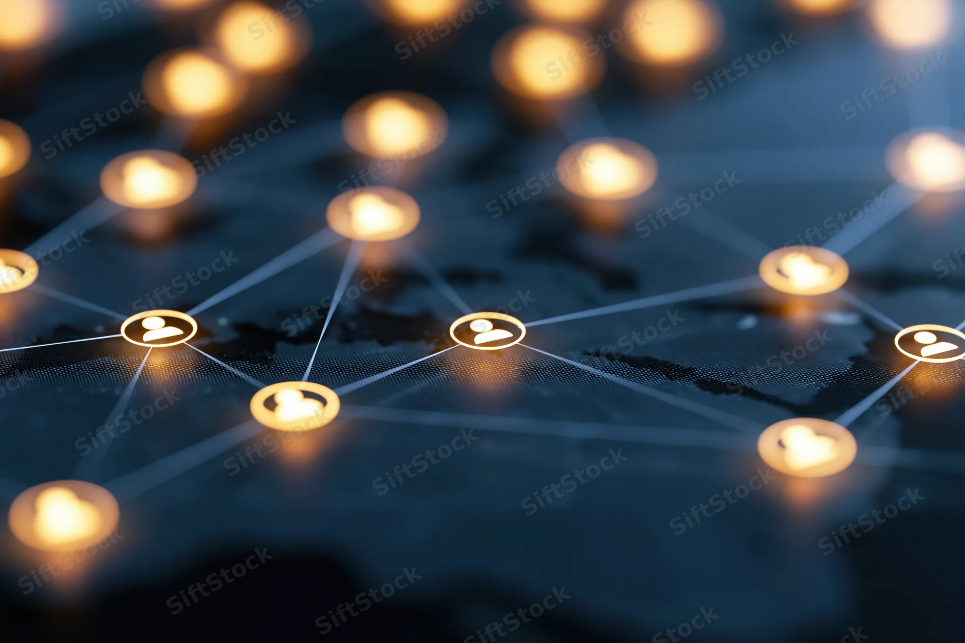 Glowing user profile icons connected by lines over a world map background
