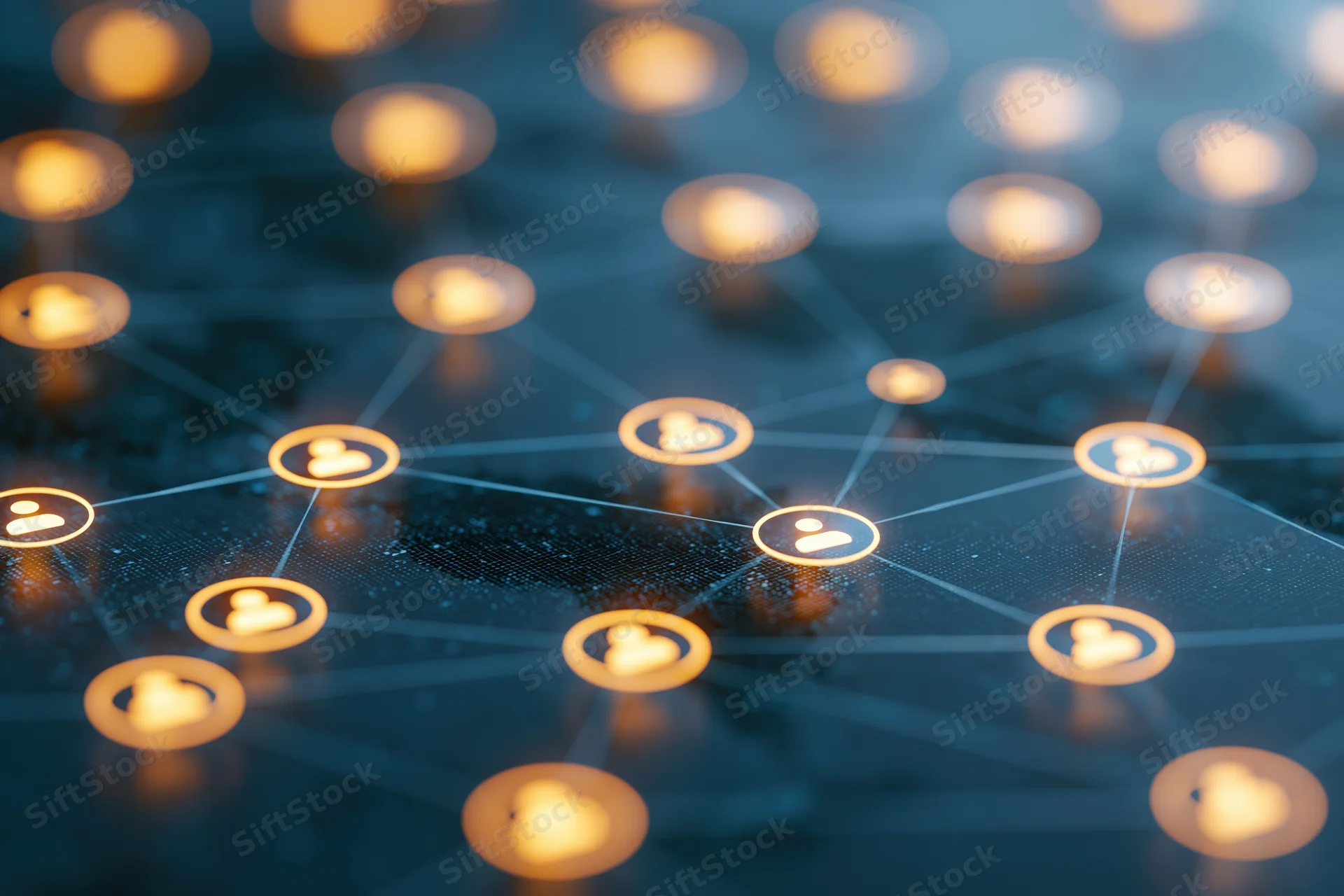 Glowing user profile icons connected in a digital network diagram