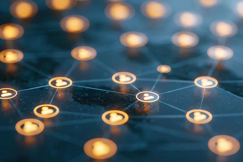 Glowing user profile icons connected in a digital network diagram