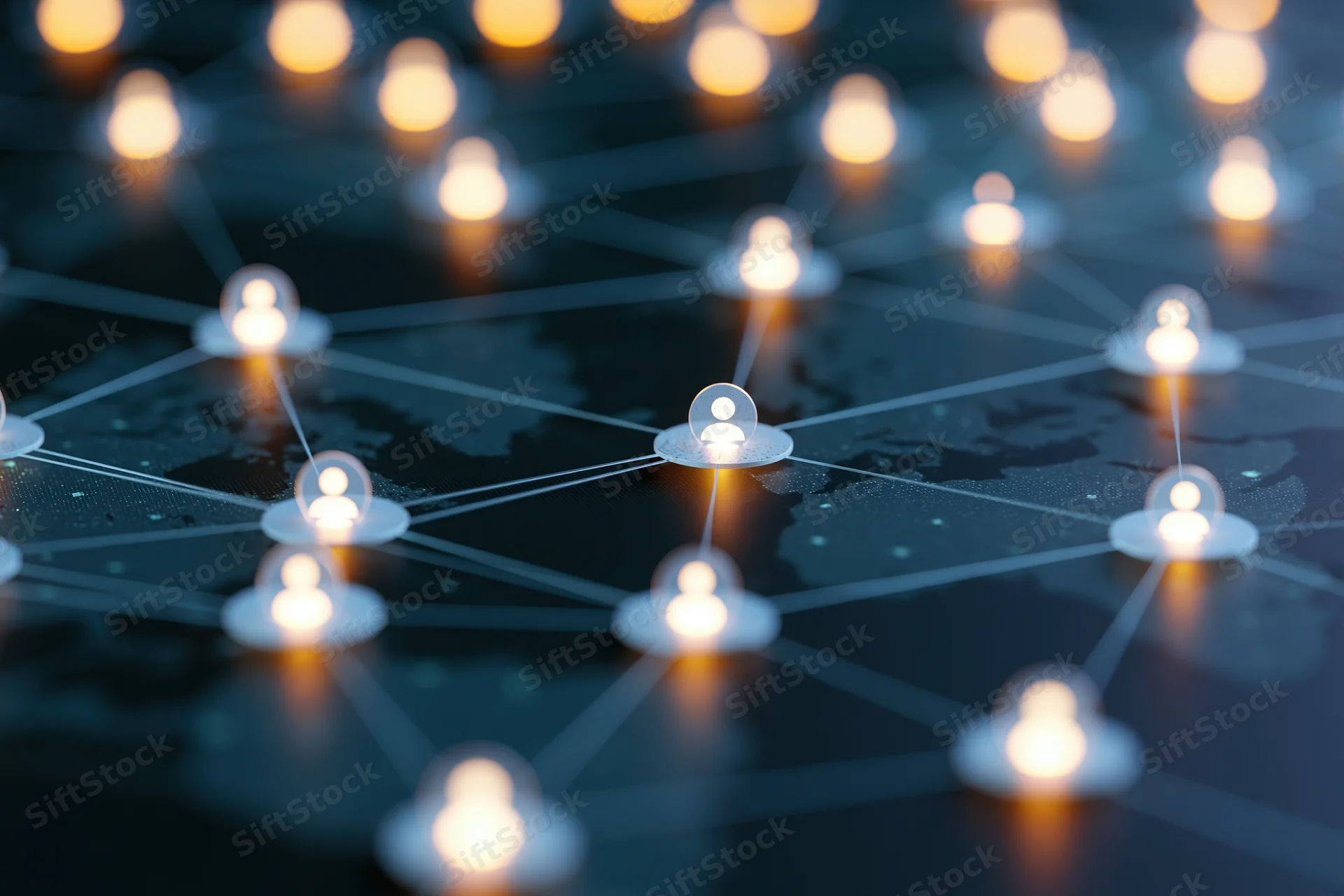 Glowing user icons connected in a network over a world map background