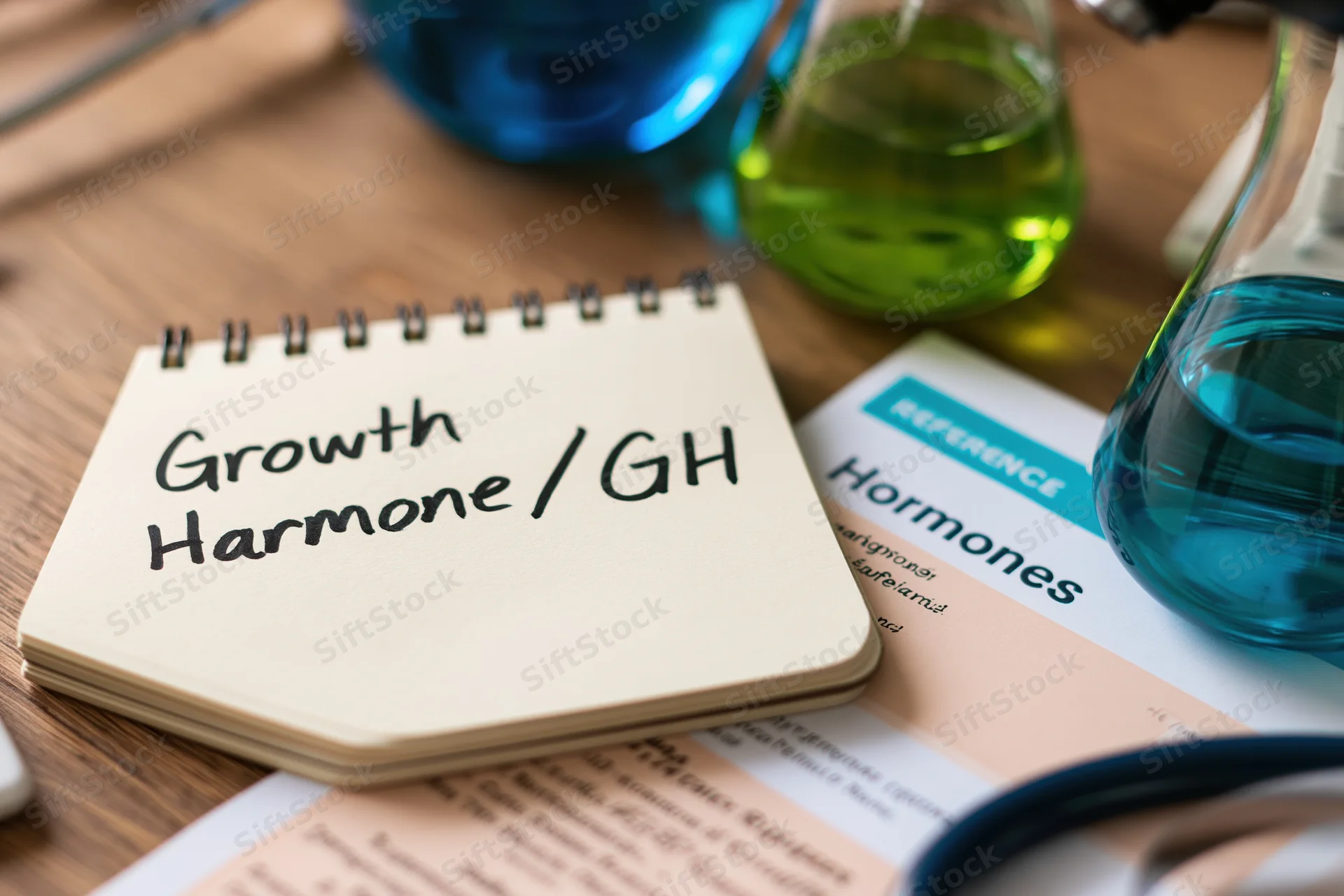 Spiral notepad with handwritten growth hormone gh text on wooden desk beside lab beakers and reference papers