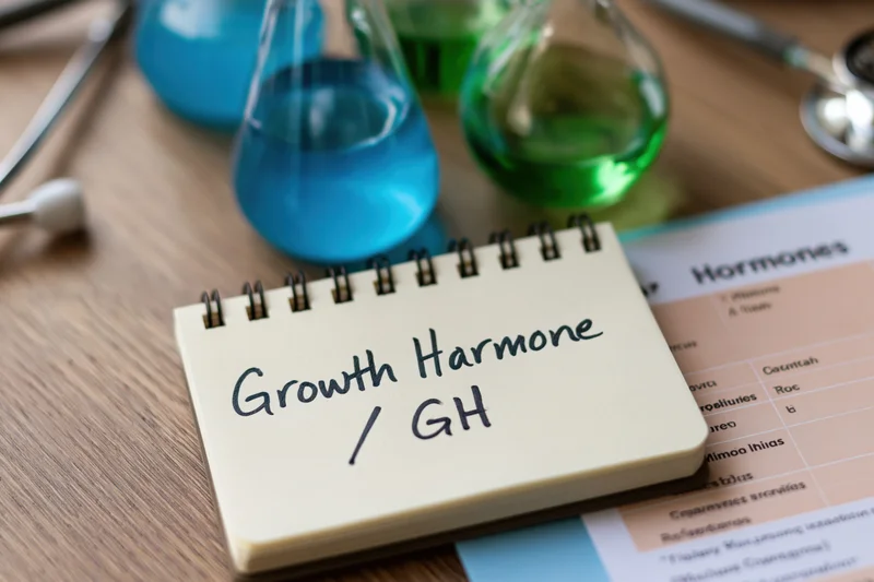 Spiral notepad with handwritten growth hormone gh text on wooden desk beside lab beakers and medical documents