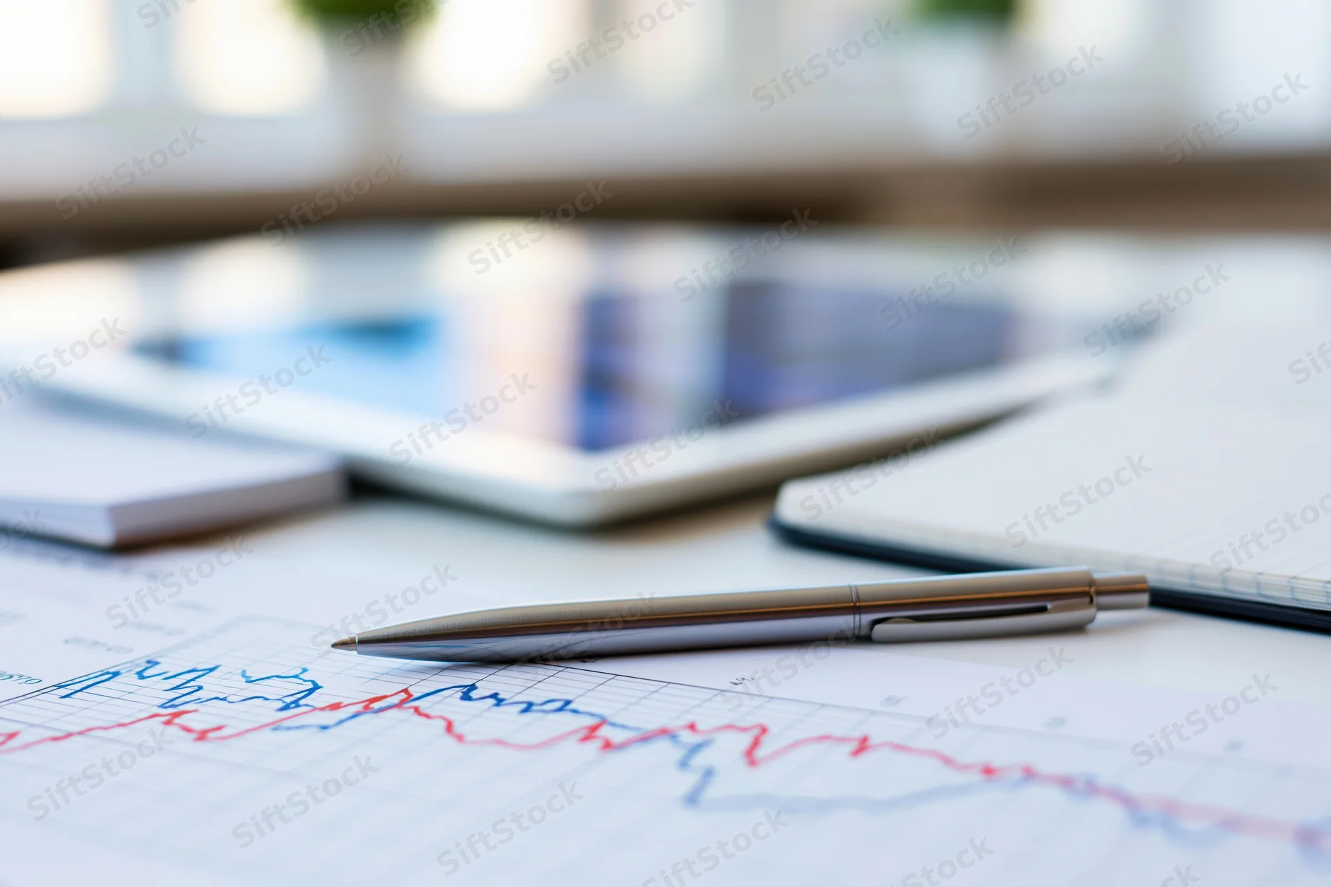 Financial chart with red and blue lines on paper, pen and tablet on desk