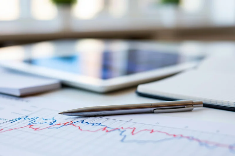 Financial chart with red and blue lines on paper, pen and tablet on desk