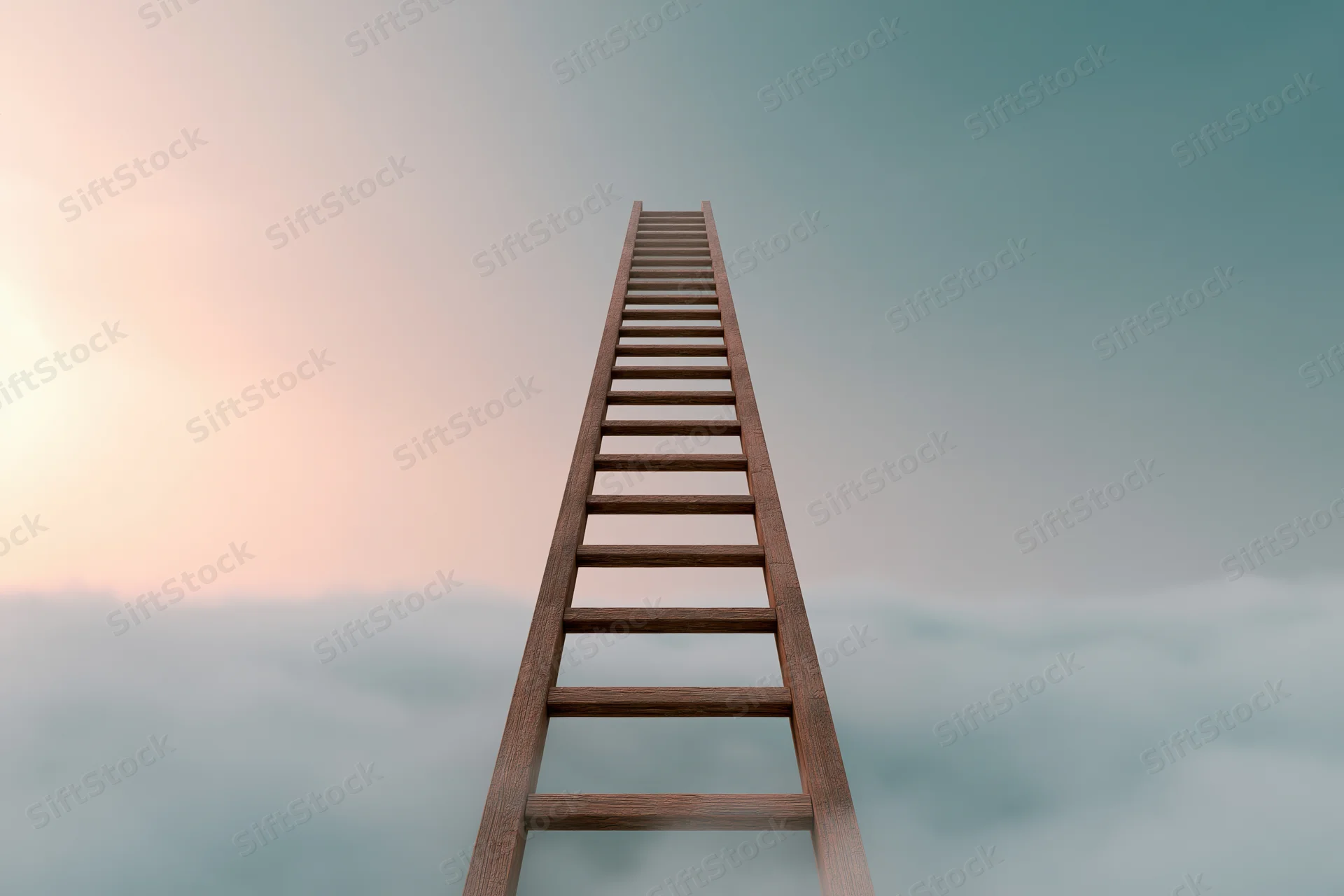 Wooden ladder rising vertically through soft clouds into the sky