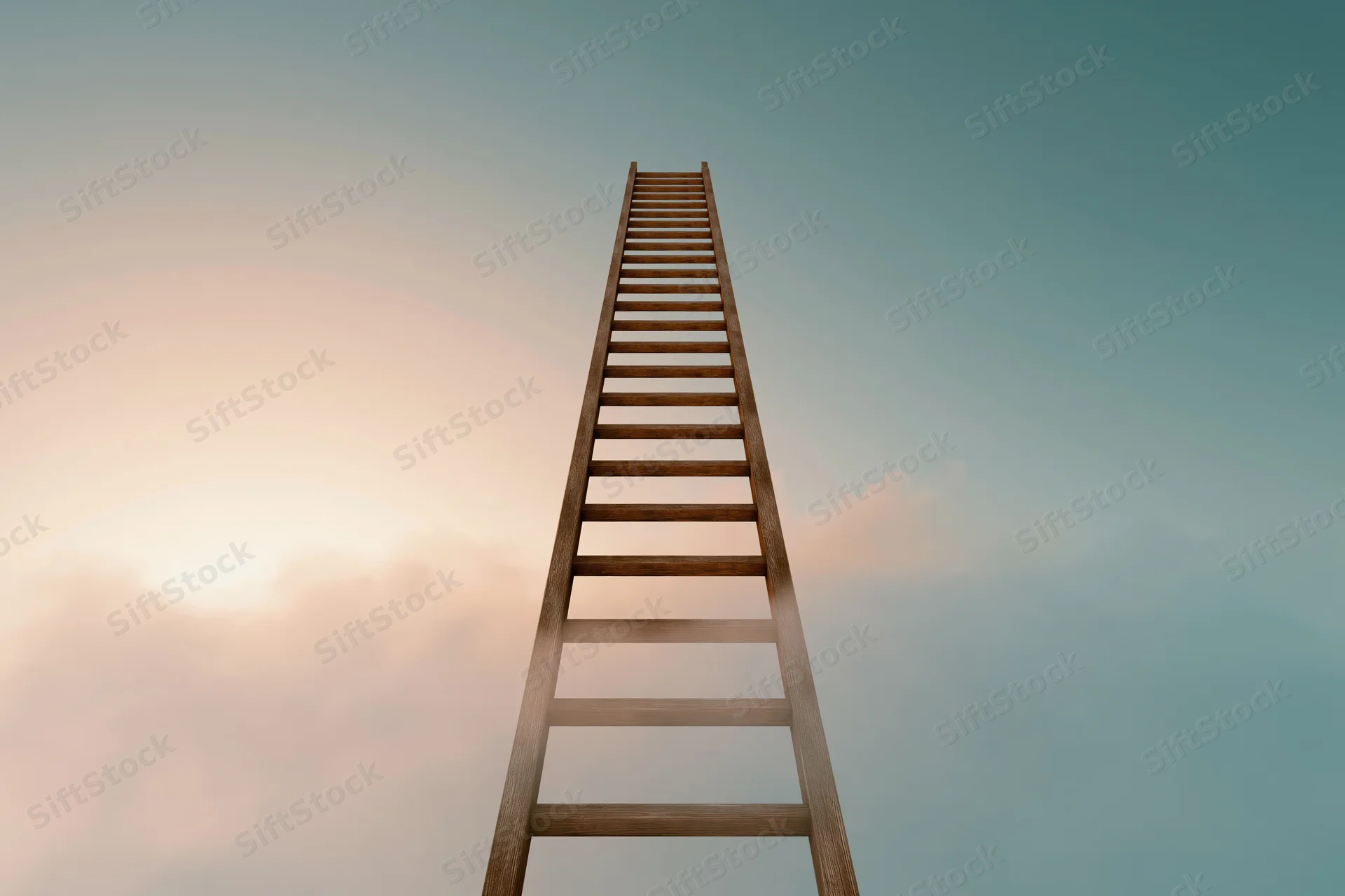 Wooden ladder rising vertically into the sky above soft clouds at dawn