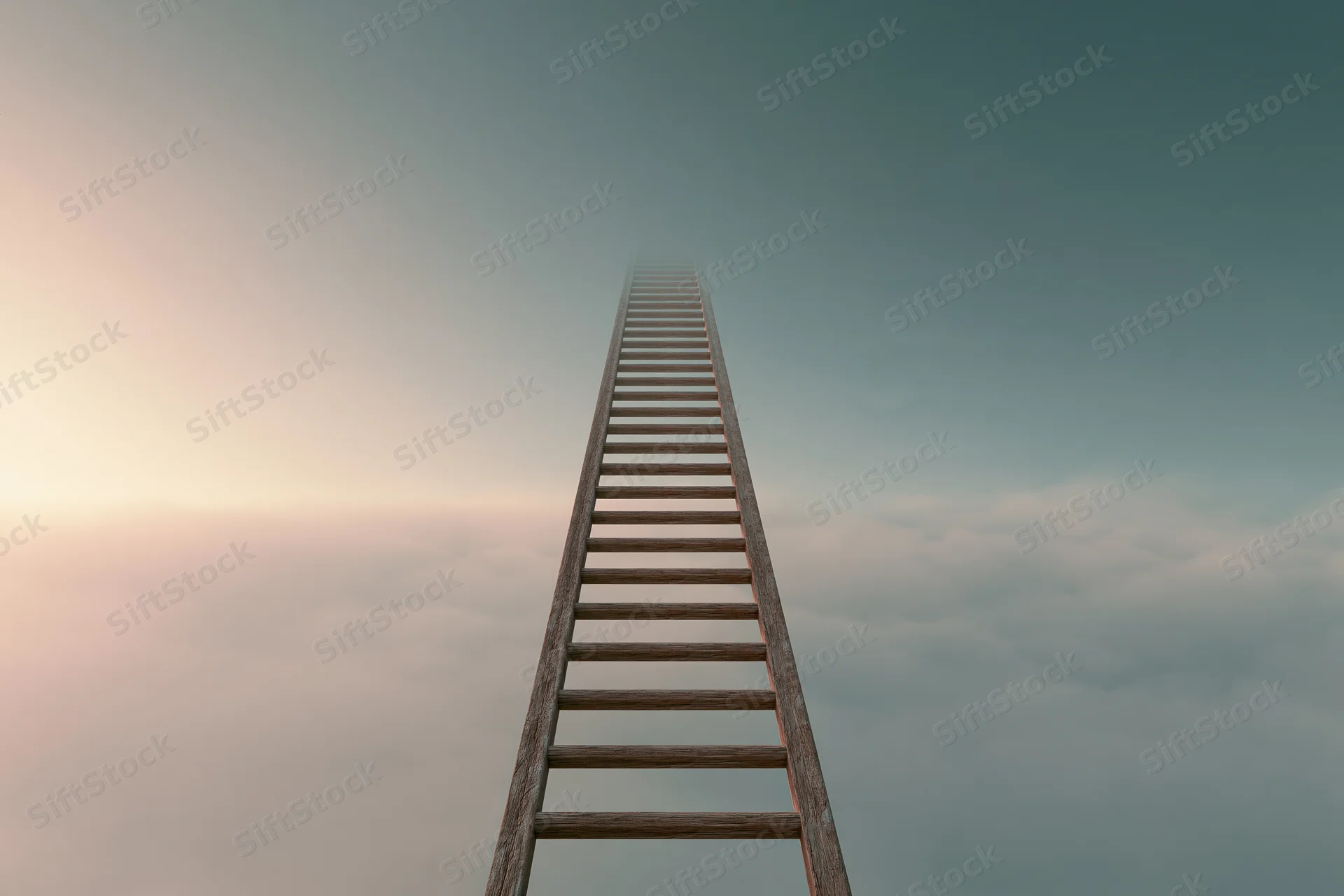 Wooden ladder rising vertically into the sky above a soft cloud layer