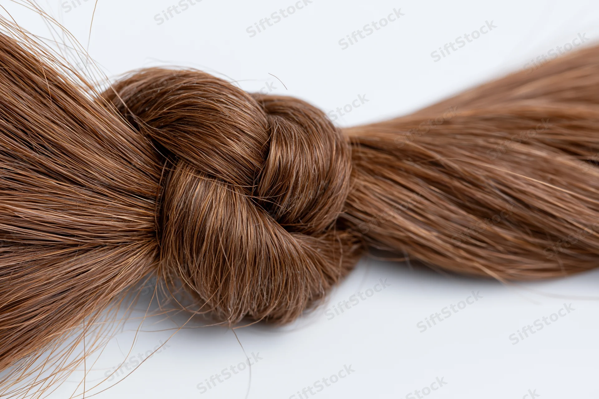 Thick bundle of chestnut brown human hair tied into a loose knot on white background