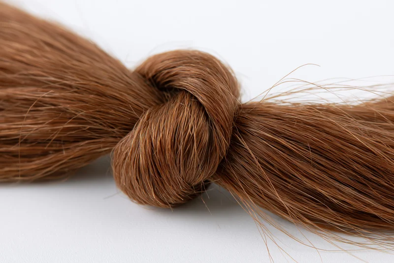 Thick bundle of chestnut brown human hair tied into a loose knot on white surface