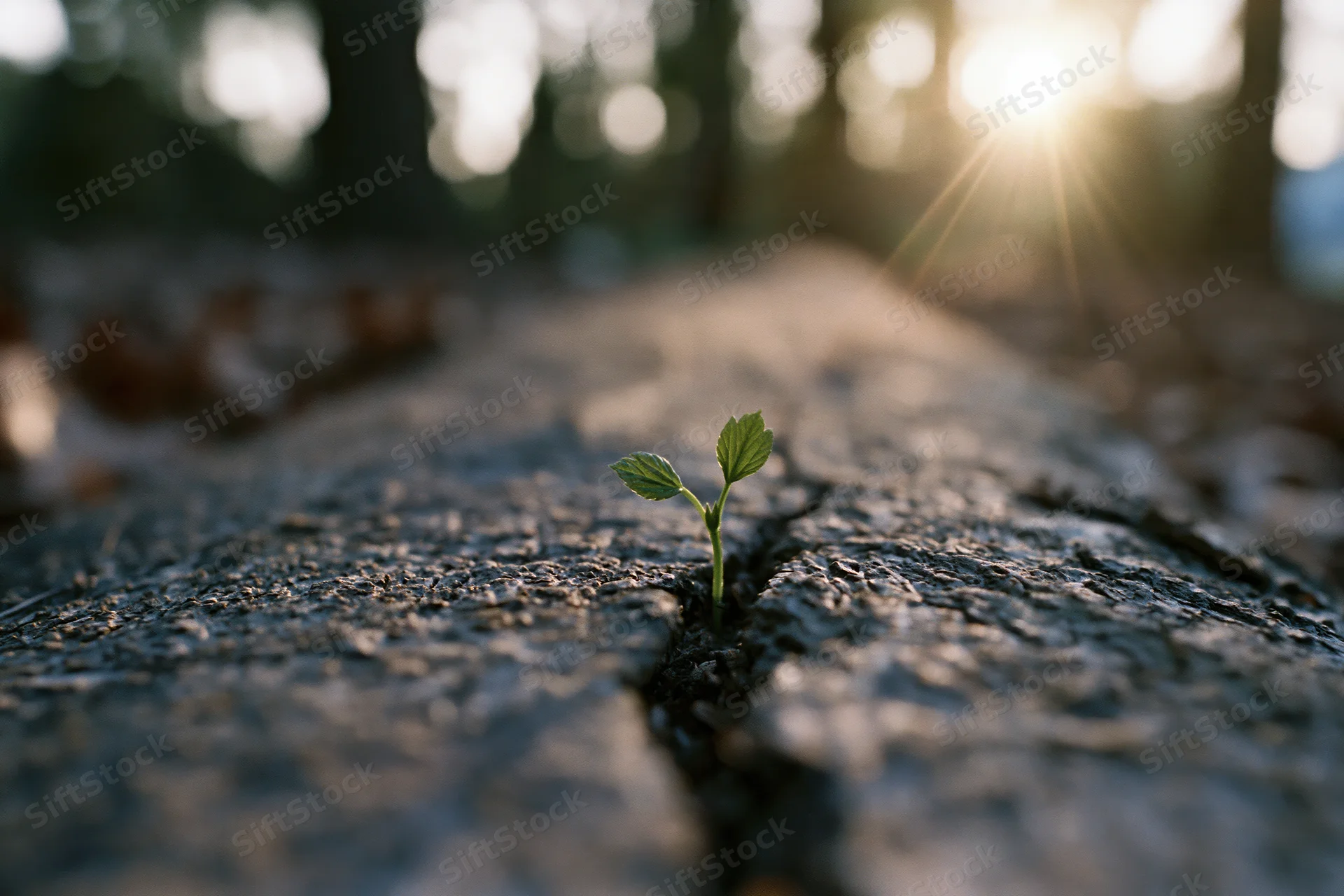 Tiny green seedling sprouting from a crack in dark rock in a forest at sunrise