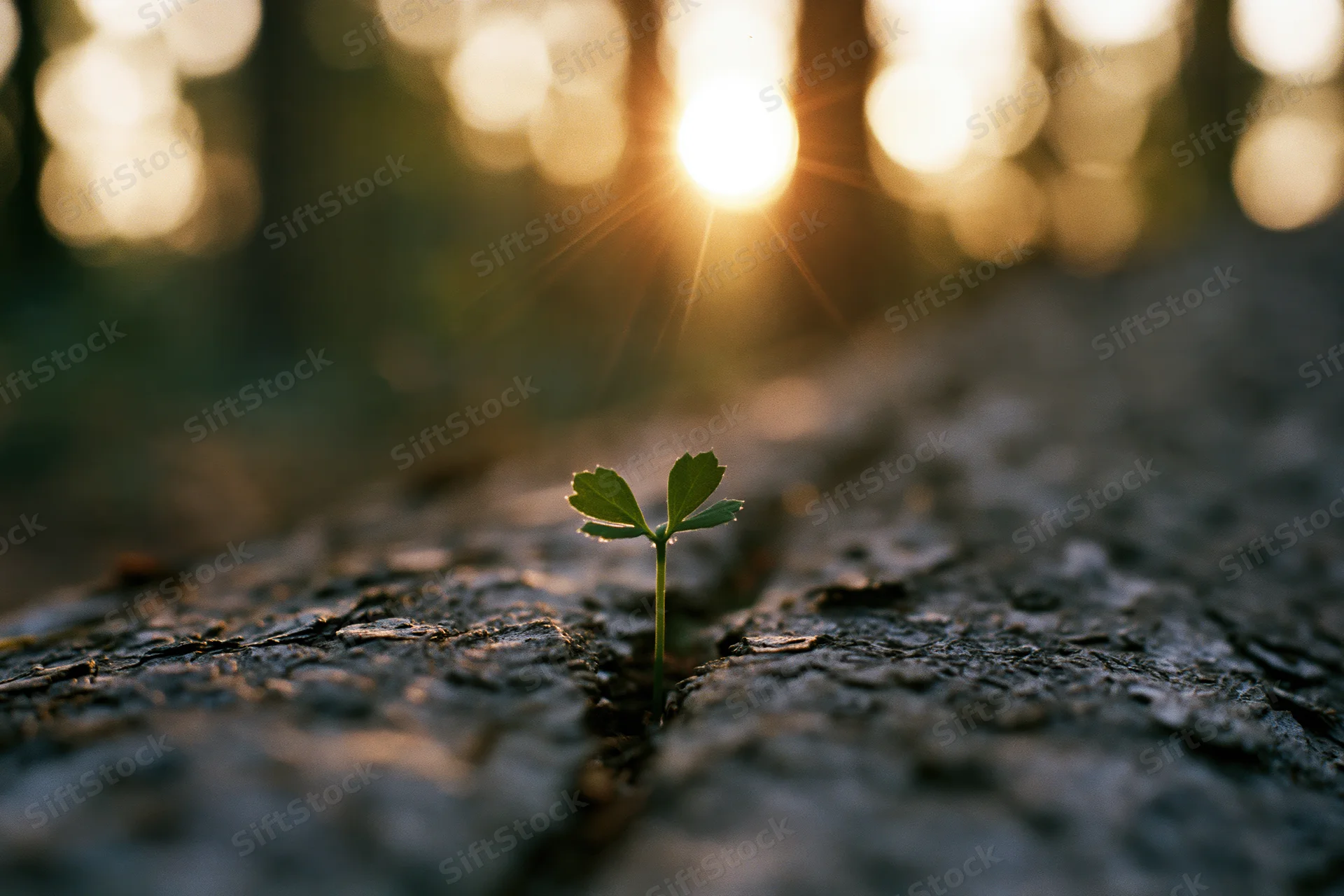Tiny green seedling sprouting from a crack in pavement with sunlight glowing through trees in the background