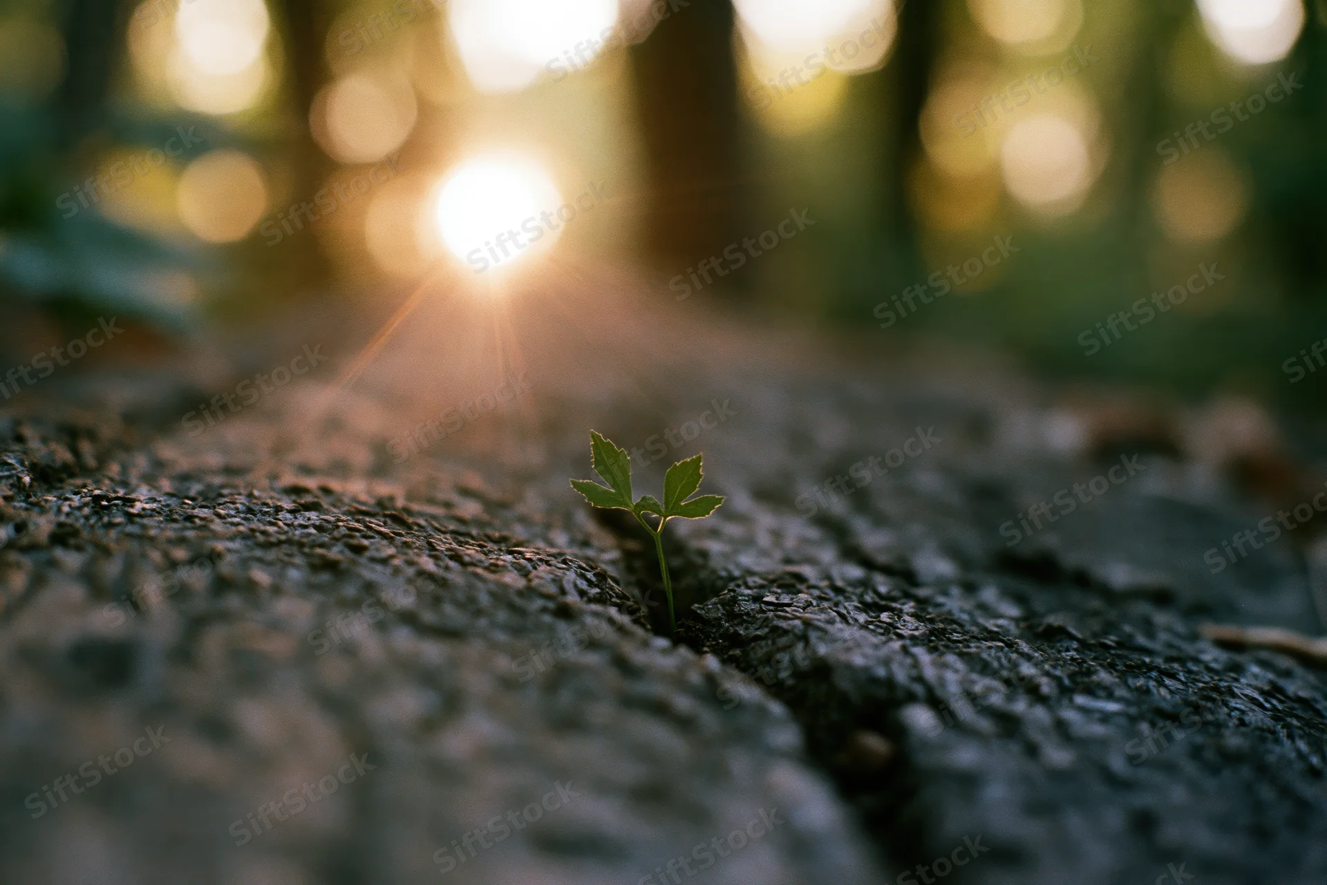 Tiny green seedling sprouting from a crack in a rock in a sunlit forest