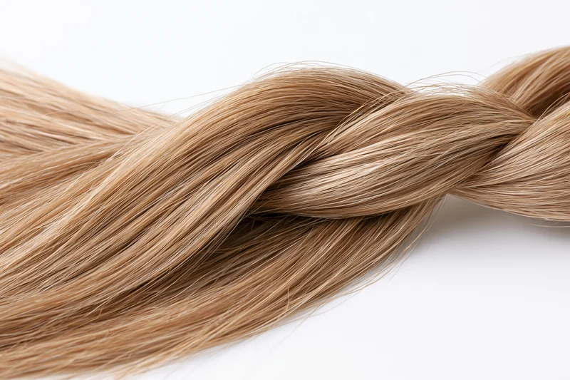 Twisted lock of straight light brown hair forming a loose braid on white background