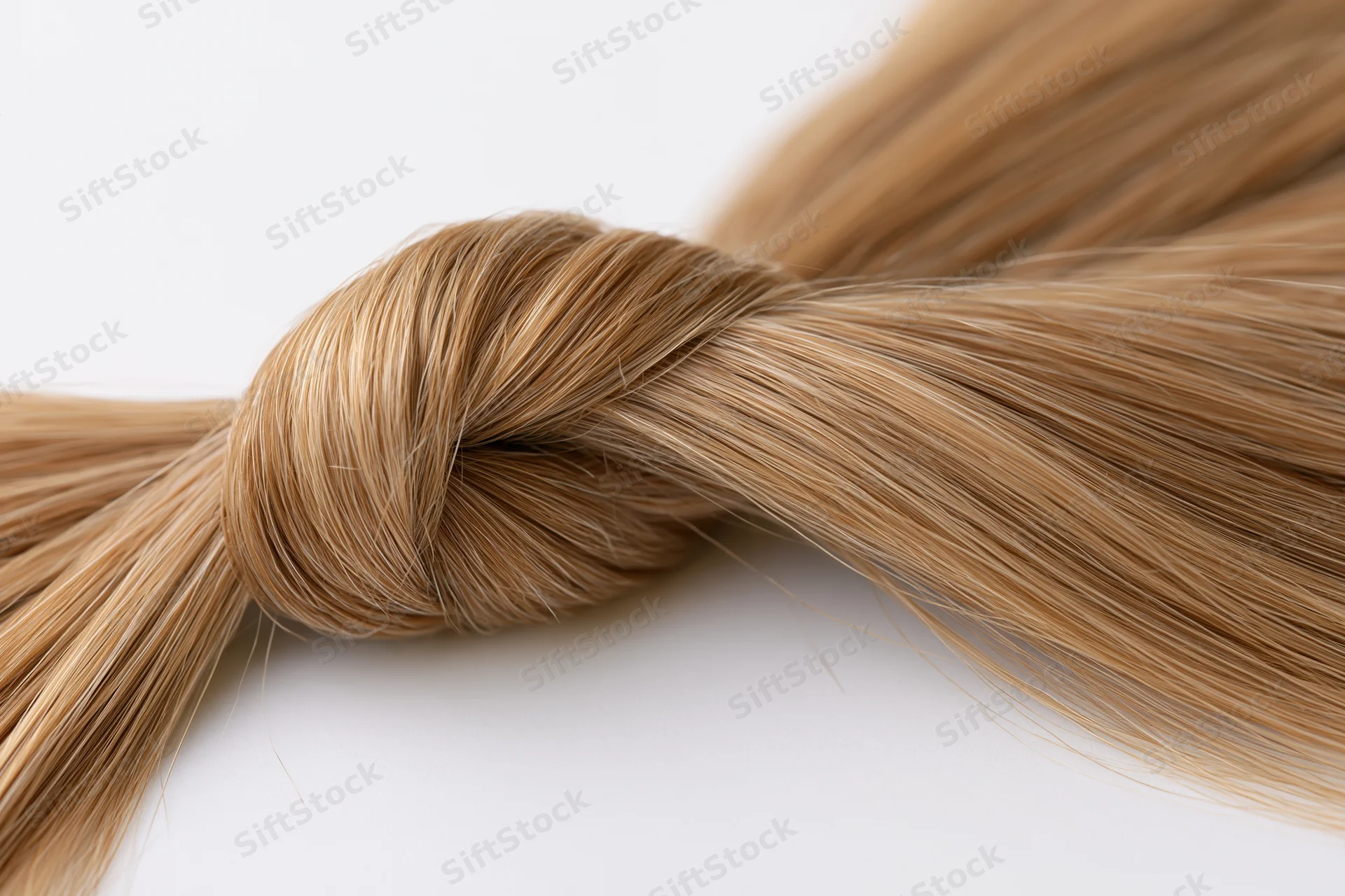 Twisted lock of straight blonde hair forming a loose knot on white background