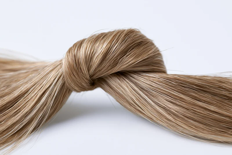 Twisted lock of straight light brown hair forming a loose knot on white background