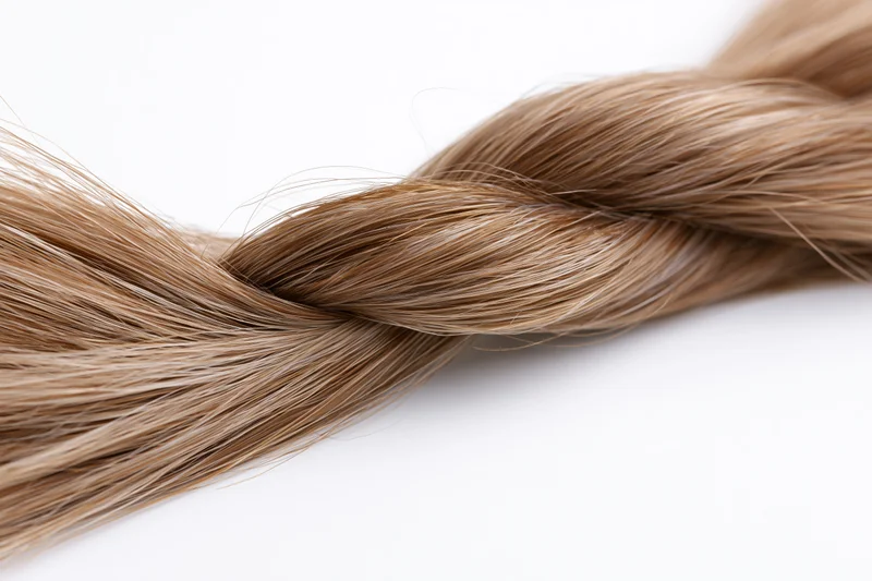 Twisted lock of straight light brown hair forming a loose braid on white background