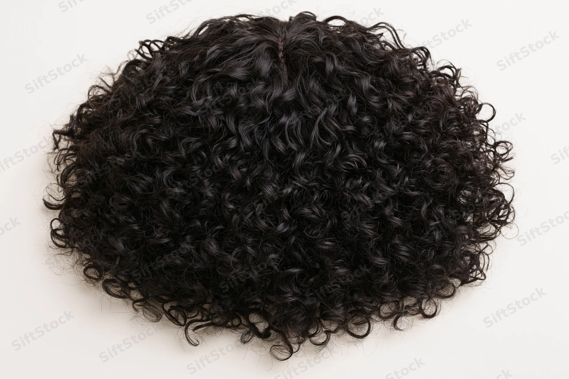 Black curly wig laid flat on white background