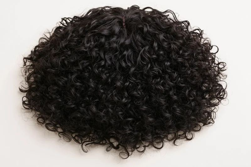 Black curly wig laid flat on white background