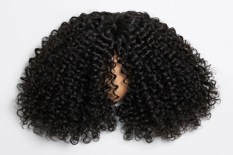 Voluminous black curly wig displayed flat on white background