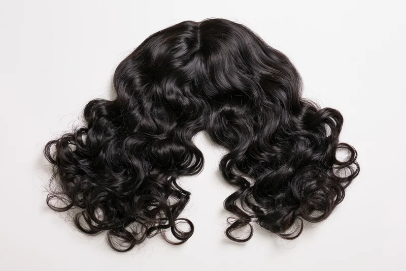 Black curly voluminous wig laid flat on white background