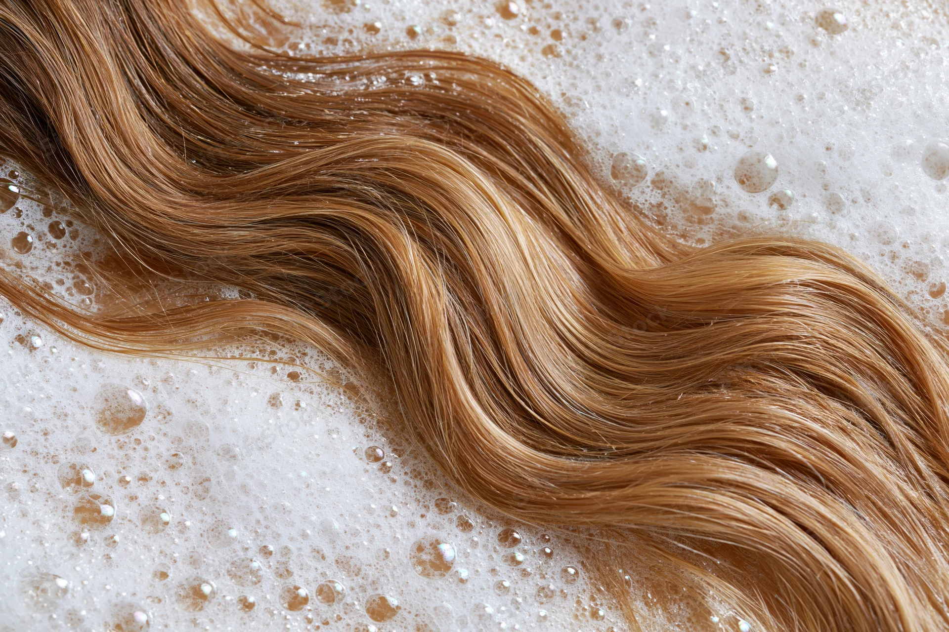 Wavy golden-brown hair strand resting in foamy lather