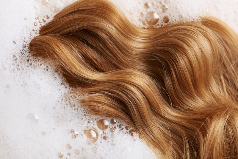 Wavy golden-brown hair strand surrounded by shampoo foam