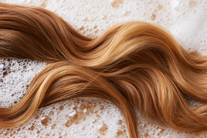 Wavy golden-brown hair strand lying in foamy lather