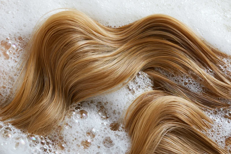 Wavy golden-brown hair strand resting in foamy lather