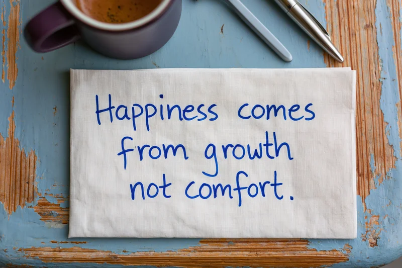Handwritten motivational quote on a napkin with coffee mug and pen on a rustic wooden table