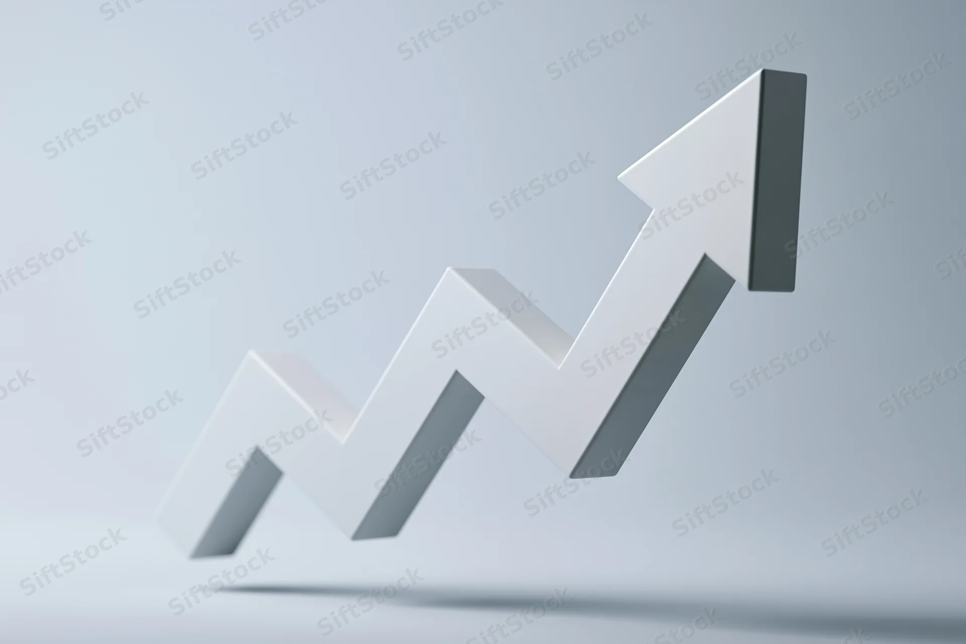 White 3d zigzag arrow pointing upward on a light gray background