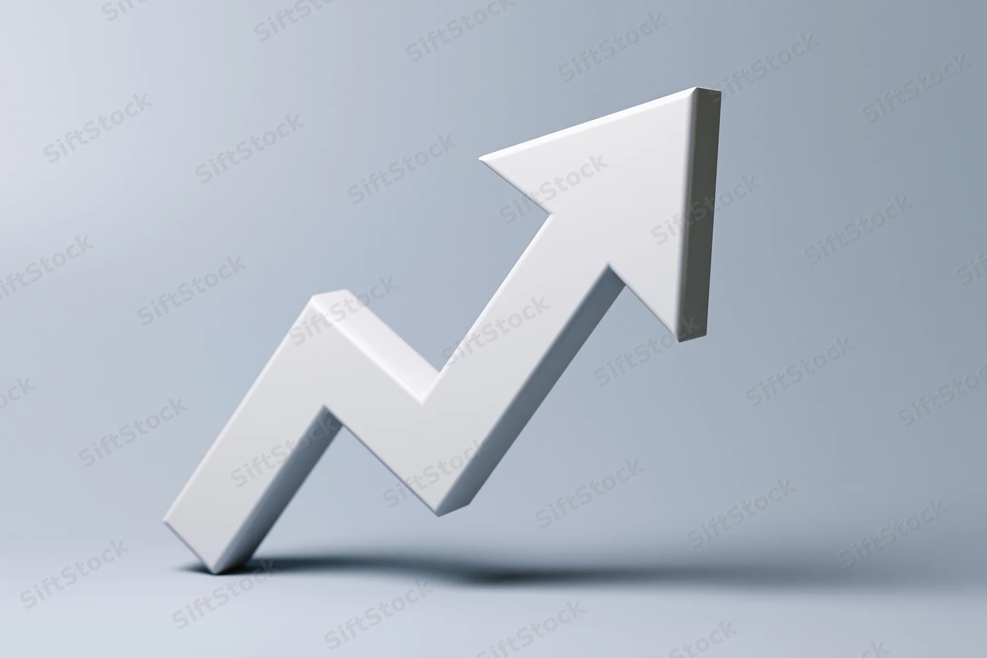 White three-dimensional zigzag arrow pointing upward on a light gray background