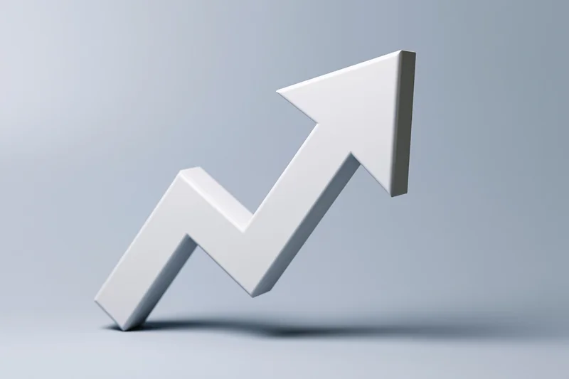 White three-dimensional zigzag arrow pointing upward on a light gray background