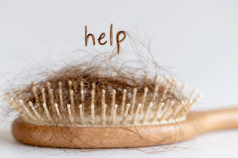 Wooden hairbrush covered in loose brown hair strands with the word help formed from hair