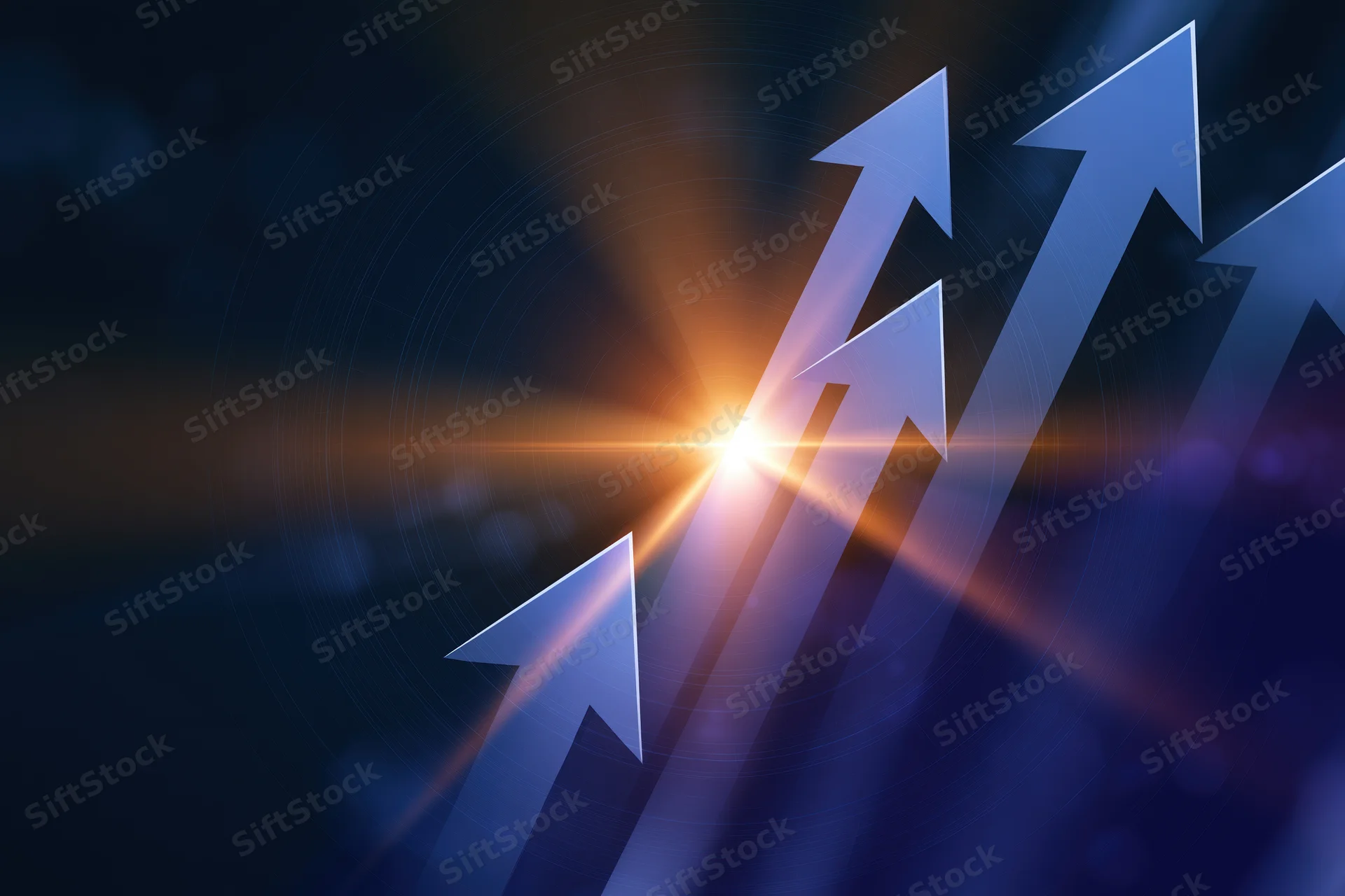 Multiple blue arrows pointing upward in a dark abstract background with a glowing light at the center