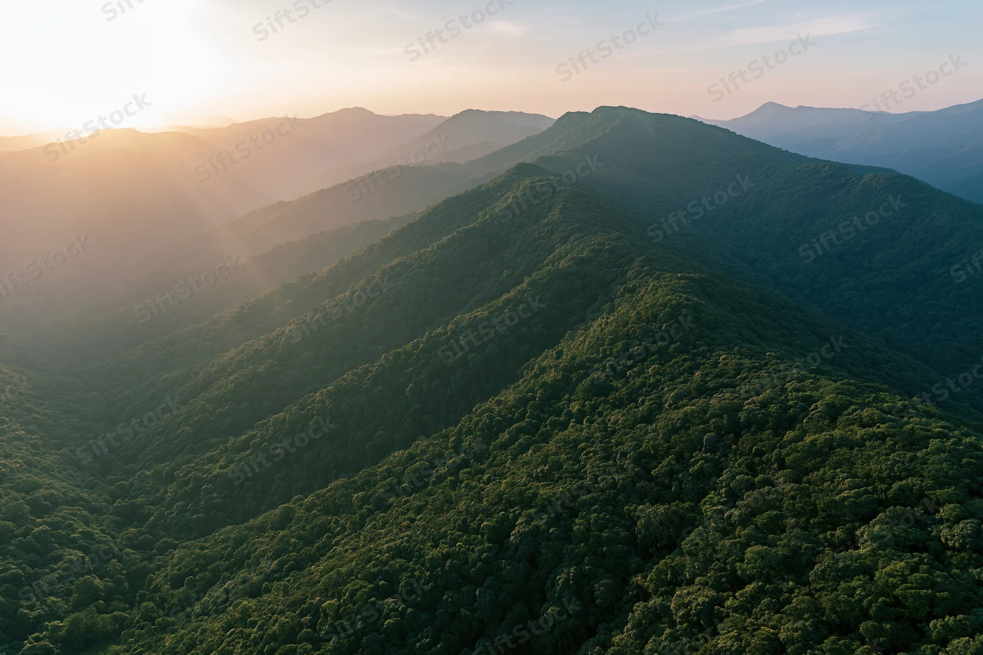 Aerial view of layered green mountain ridges covered in dense forest at sunrise