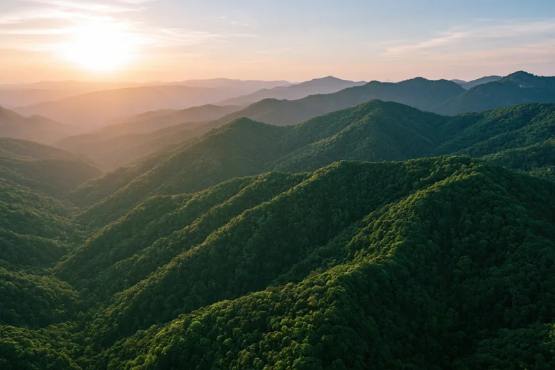 Aerial view of layered green mountain ridges at sunset