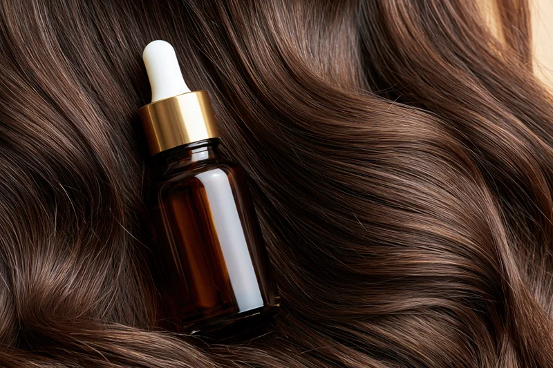 Amber glass dropper bottle resting on wavy brown hair