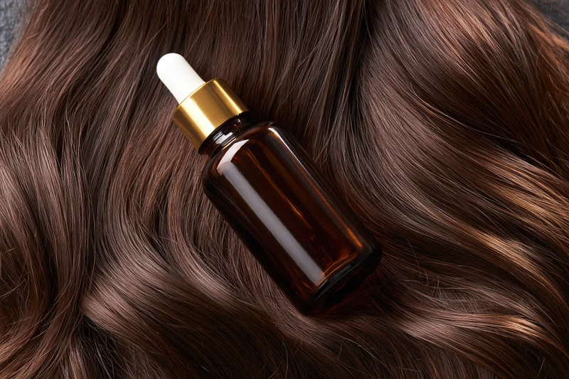 Amber glass dropper bottle resting on long wavy brown hair