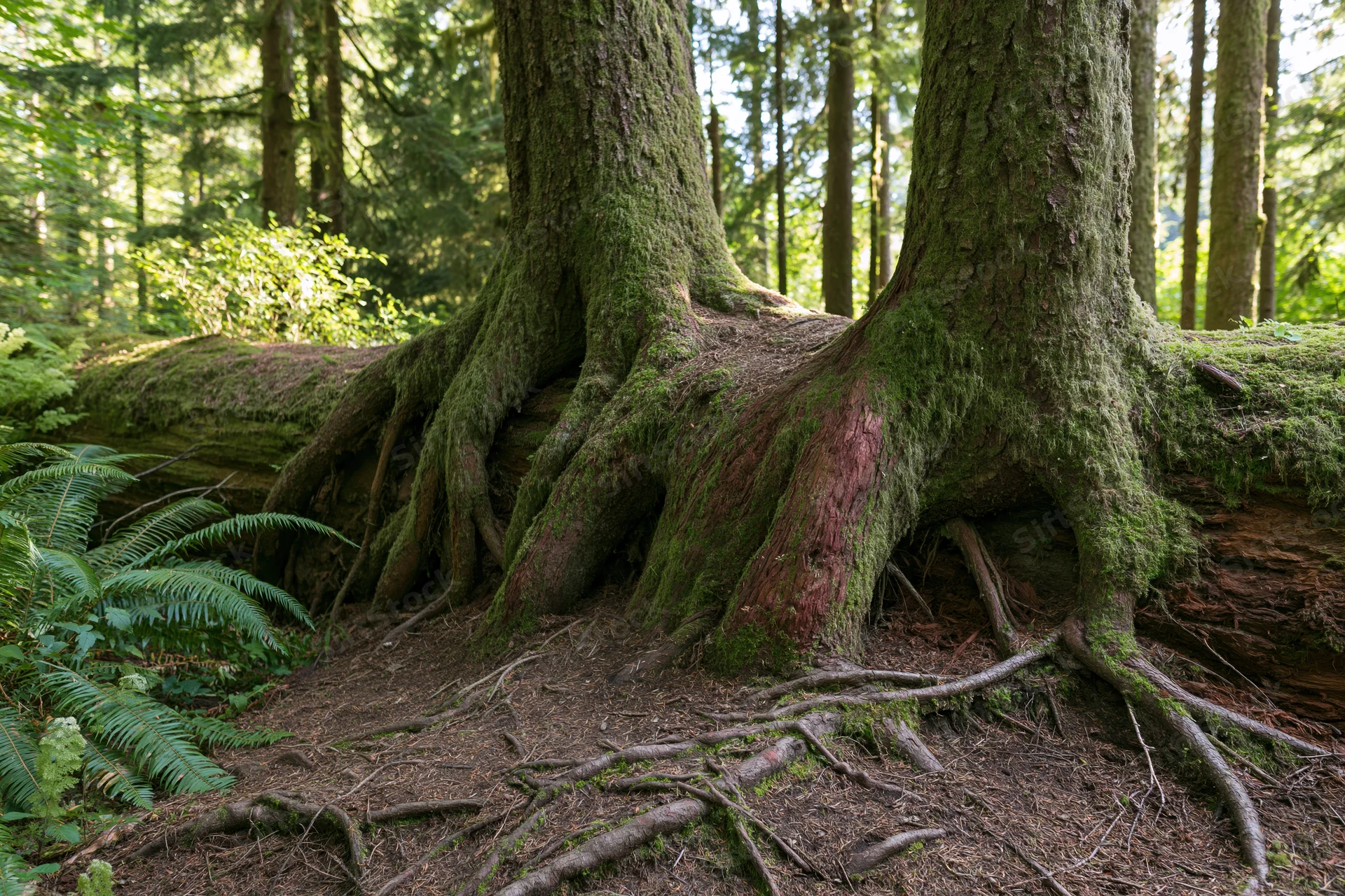 Moss-covered conifer tree roots spreading over a fallen log in a dense forest floor