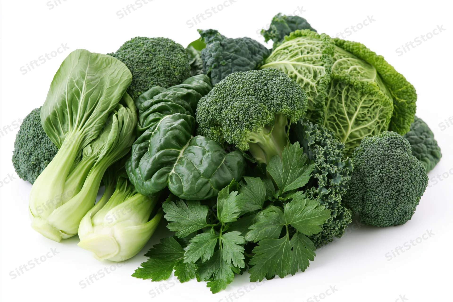 Assorted fresh green vegetables piled together on white background