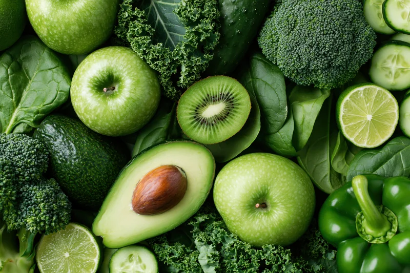 Assorted green fruits and vegetables arranged densely across a flat surface