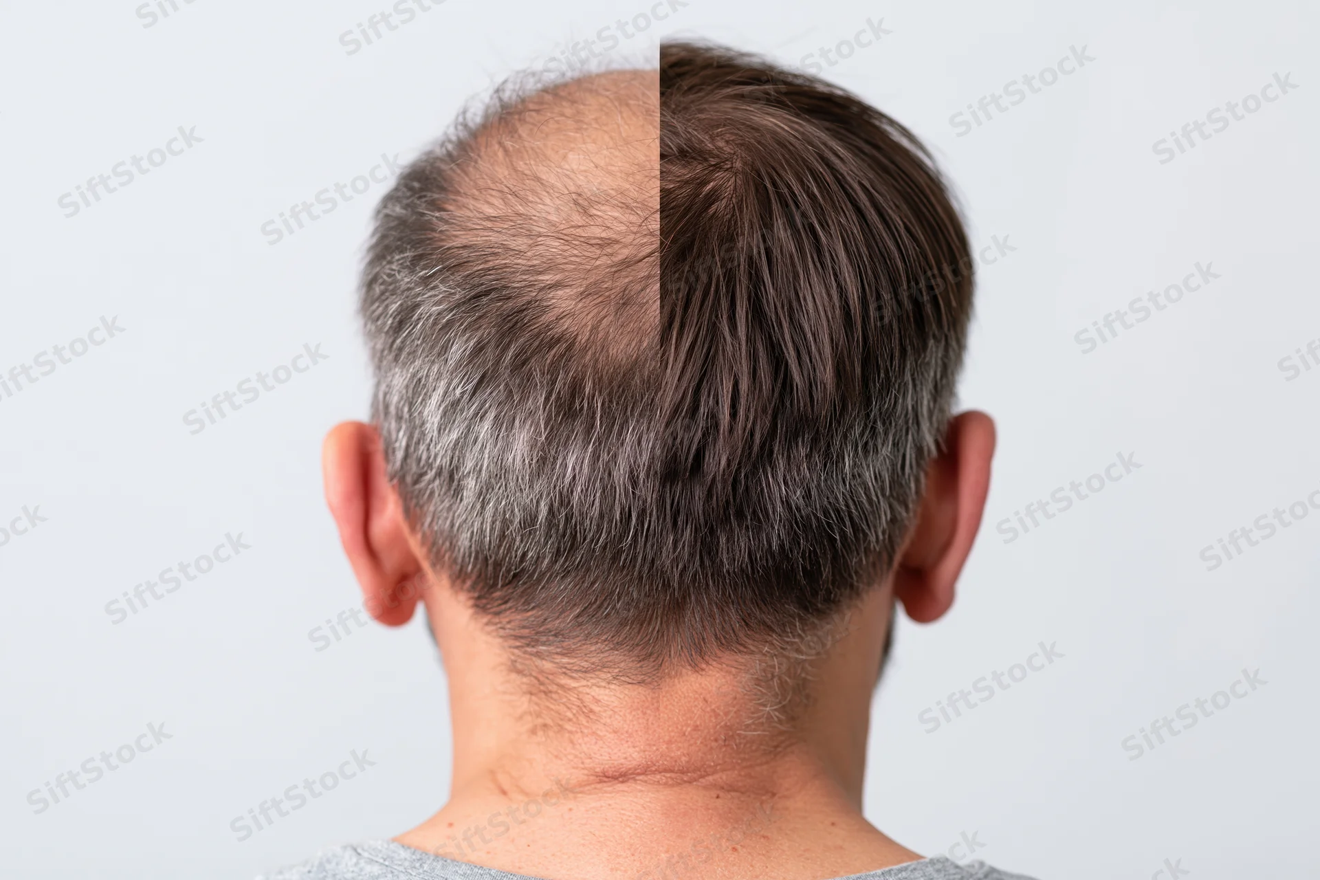 Back of a man’s head showing hair thinning at crown with half treated and half untreated hair