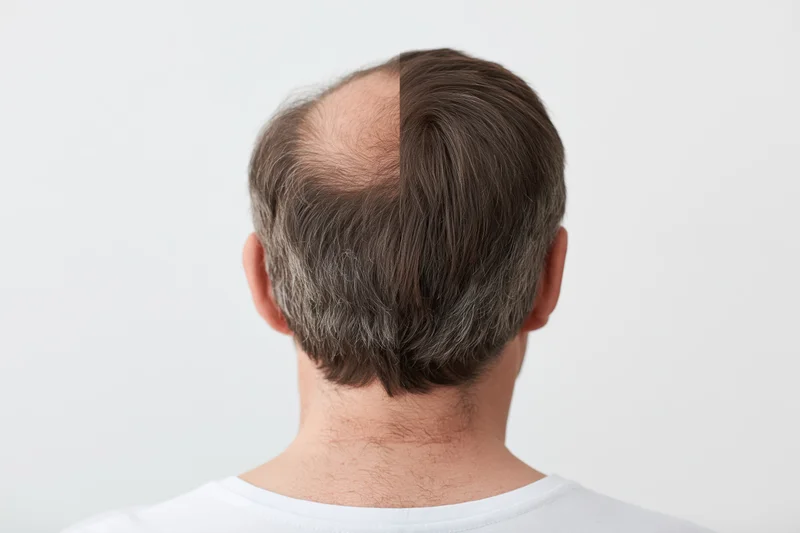 Back of a man's head showing thinning hair at the crown with visible scalp, split view comparing before and after hair treatment